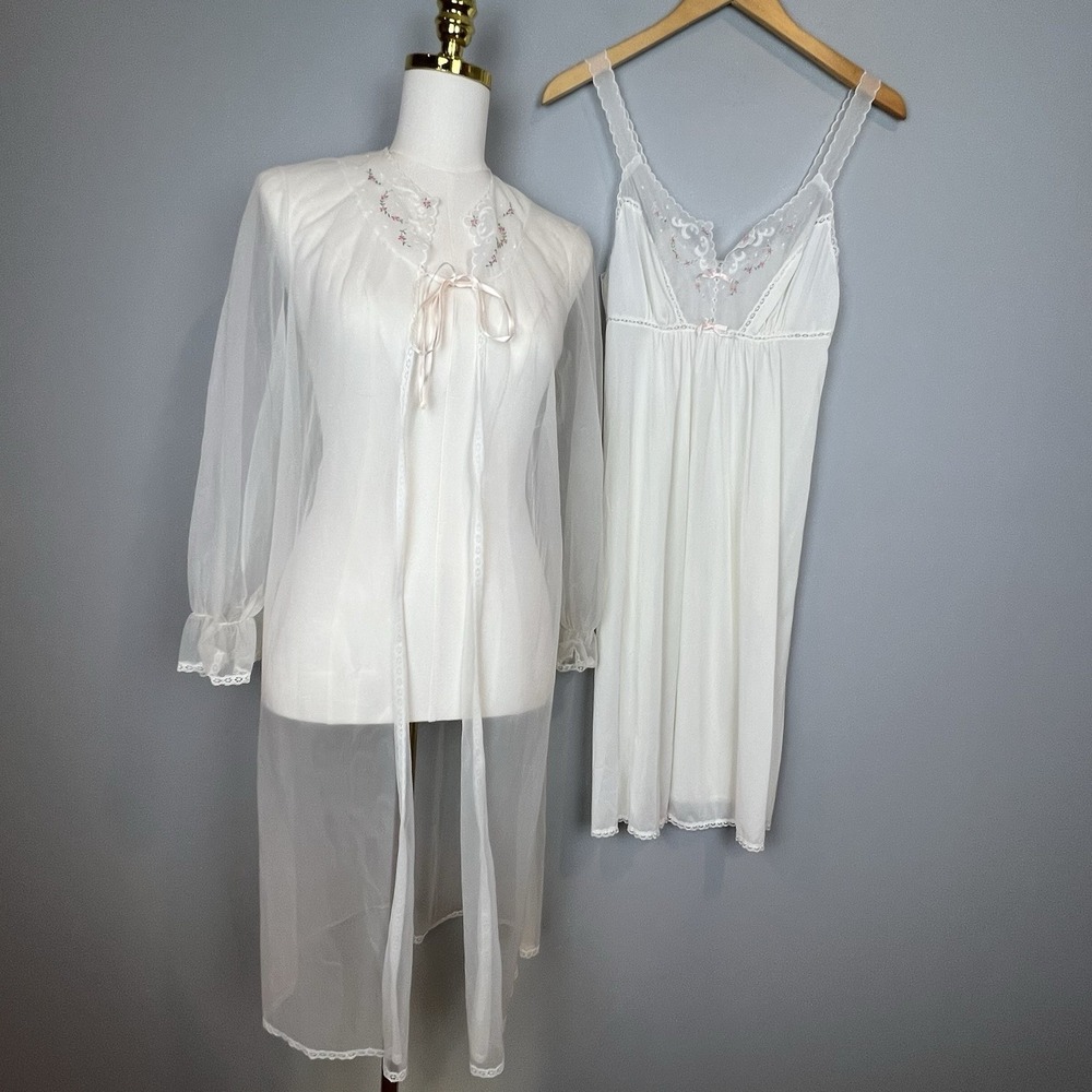 Vintage Vanity Fair Nightgown Robe Peignoir Négligée Set White Womens XS Bridal